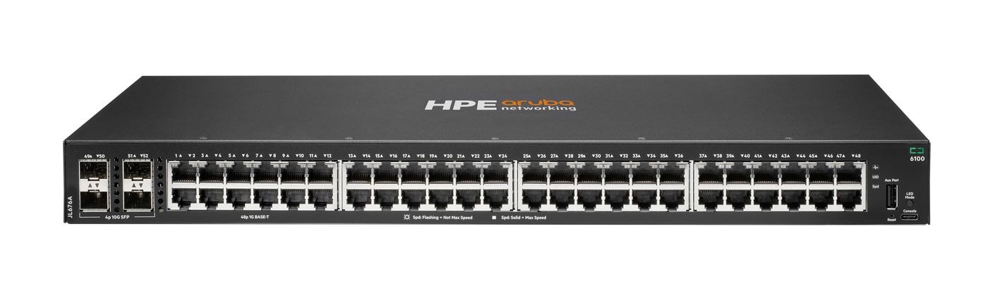 HPE Aruba 6100 48G 4SFP+ Switch - Interruptor - Administrado - 48 x 10/100/1000 + 4 x 1 Gigabit / 10 Gigabit SFP+ - fluxo de ar lado para lado - montável em trilho